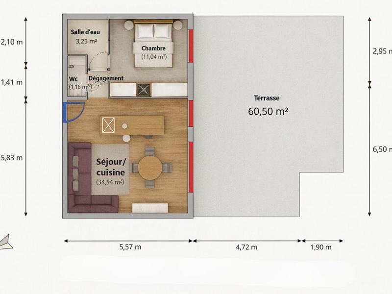 Appartement - 51 m² - 2 pièces