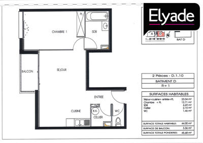 Appartement - 44 m² - 2 pièces