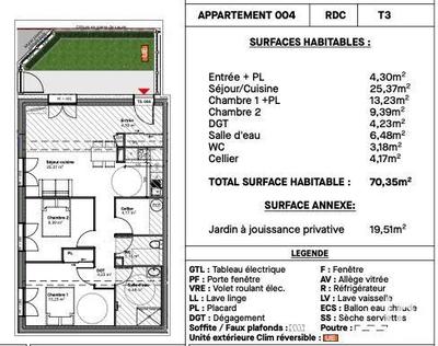 Appartement - 70 m² - 3 pièces
