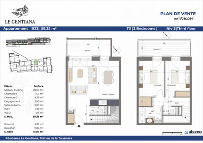 Appartement - 59 m² - 3 pièces