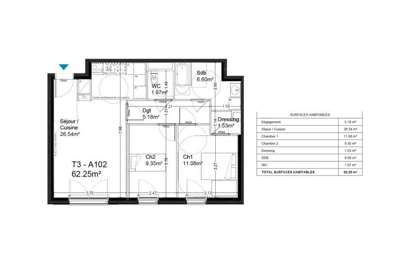 Appartement - 62 m² - 3 pièces