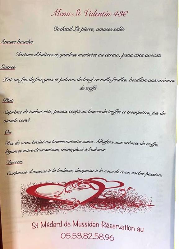 Repas St Valentin - Restaurant la Pierre