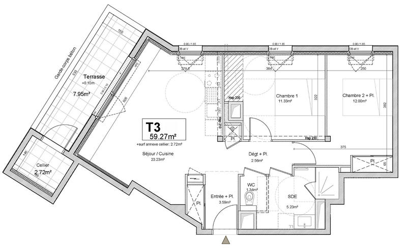 Appartement - 59 m² - 3 pièces