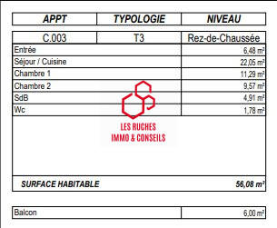 Appartement - 56 m² - 3 pièces