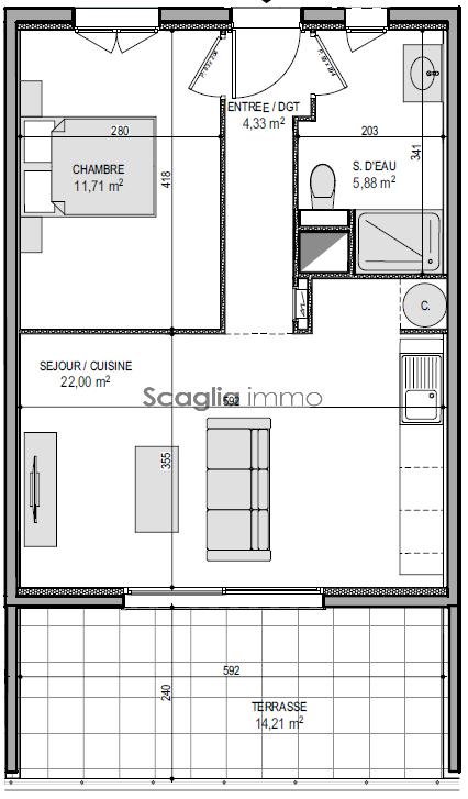 Appartement - 43 m² - 2 pièces