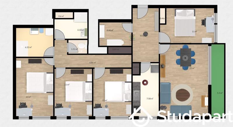 Chambre - 12 m² - 1 pièce