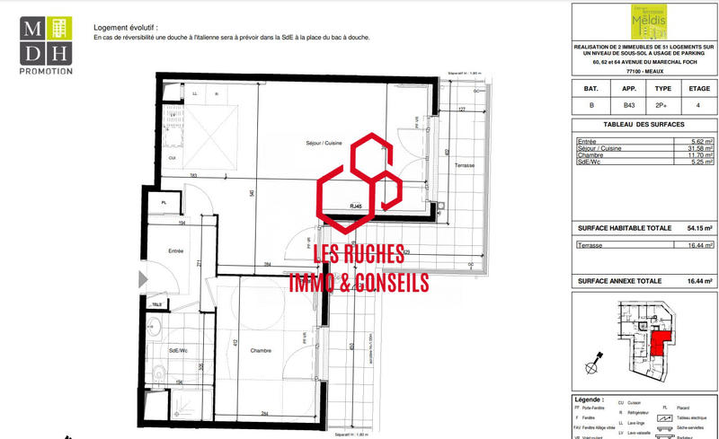 Appartement - 54 m² - 2 pièces