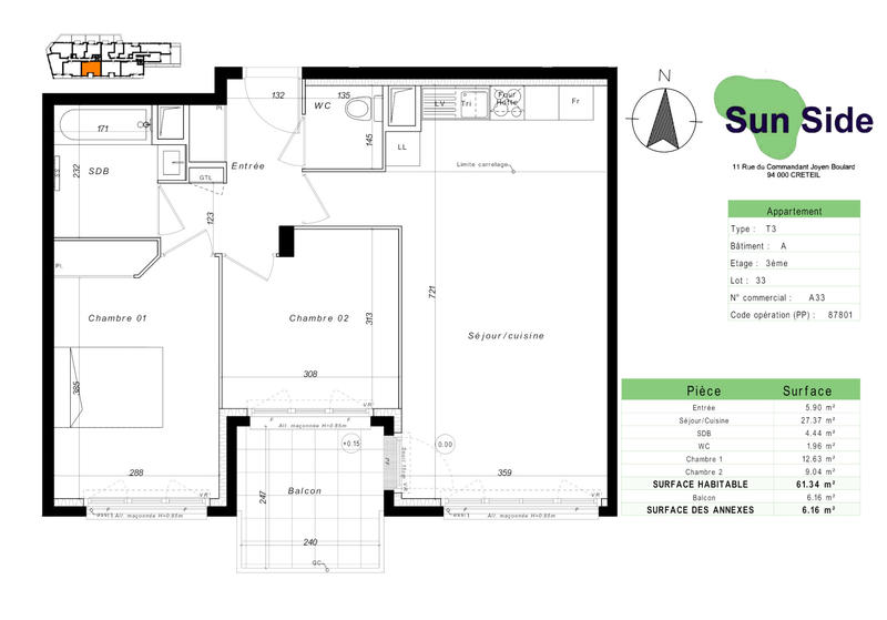 Appartement - 61 m² - 3 pièces
