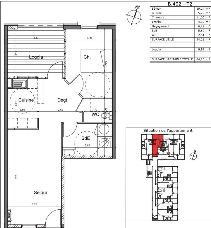 Appartement - 54 m² - 2 pièces