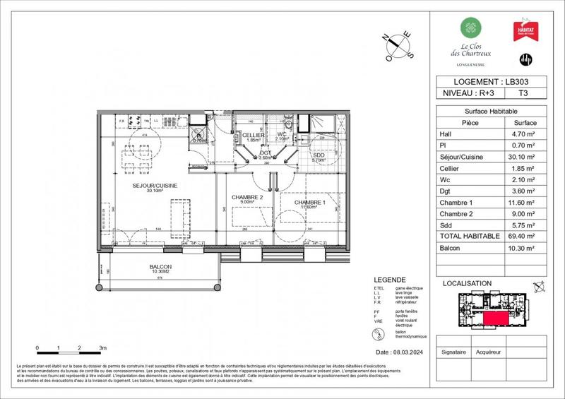 Appartement - 70 m² - 3 pièces
