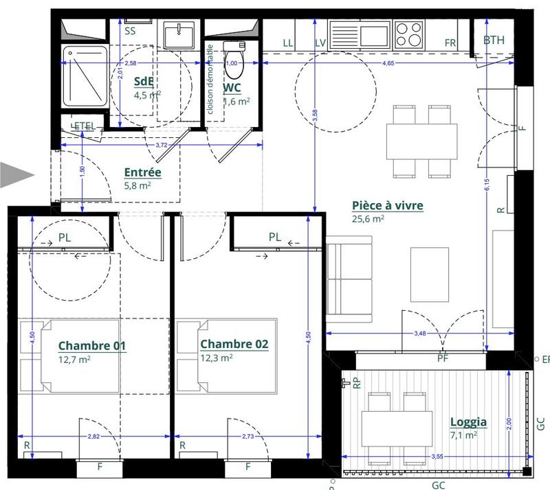 Appartement - 63 m² - 3 pièces