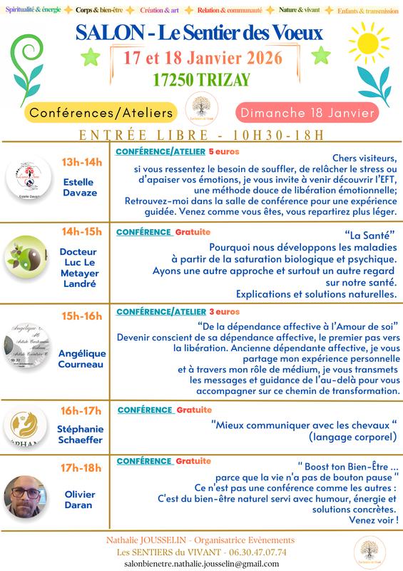 Salon 17 et 18 Janvier 2026 -17250 Trizay-Salon: le sentier des Voeux -Corps &amp; bien‑être,Spiritualité &amp; médecines douces