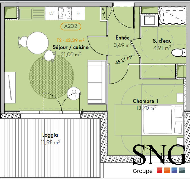 Appartement - 43 m² - 2 pièces
