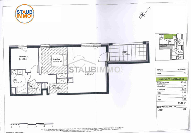 Appartement - 61 m² - 3 pièces