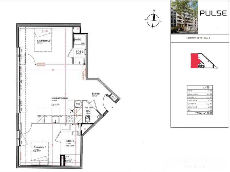 Appartement - 62 m² - 3 pièces