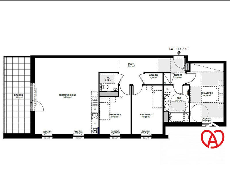 Appartement - 90 m² - 4 pièces