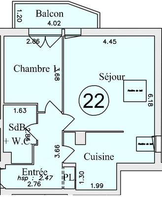 Appartement - 50 m² - 2 pièces