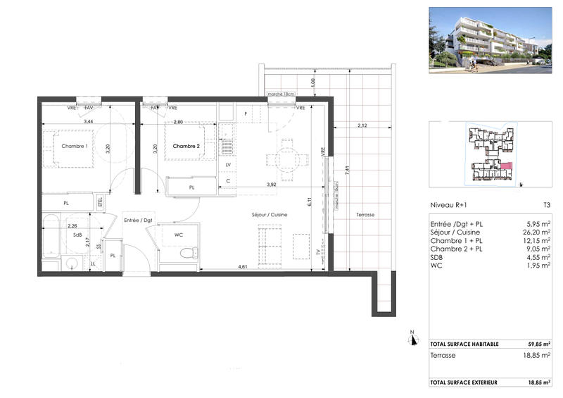 Appartement - 59 m² - 3 pièces