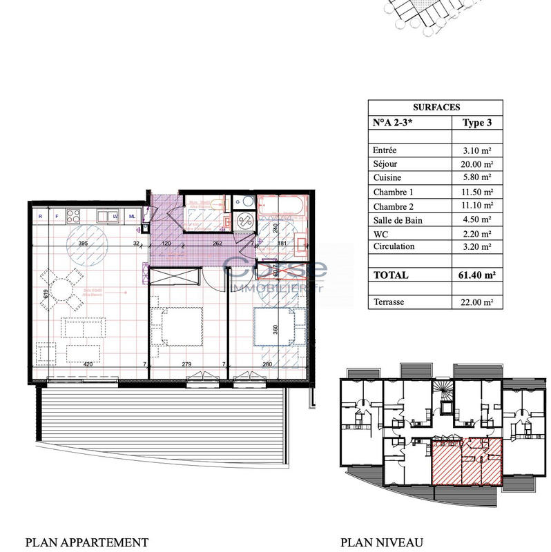 Appartement - 61 m² - 3 pièces