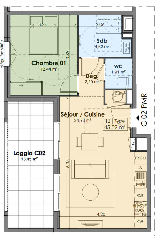 Appartement - 46 m² - 2 pièces