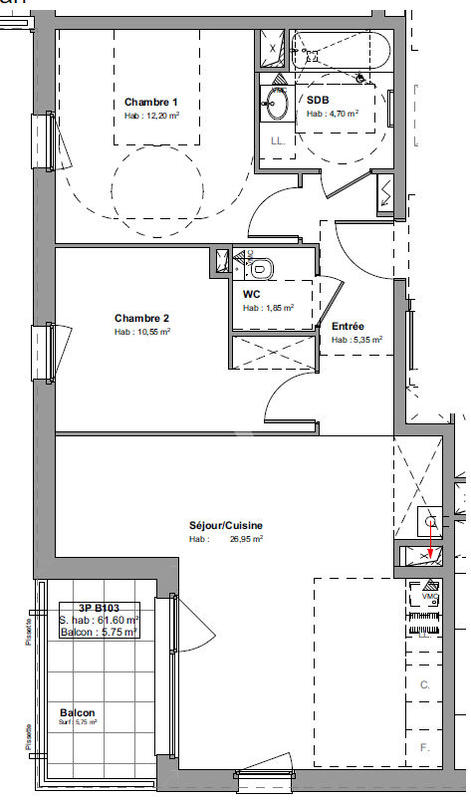 Appartement - 62 m² - 3 pièces