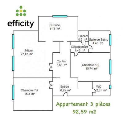 Appartement - 93 m² - 3 pièces