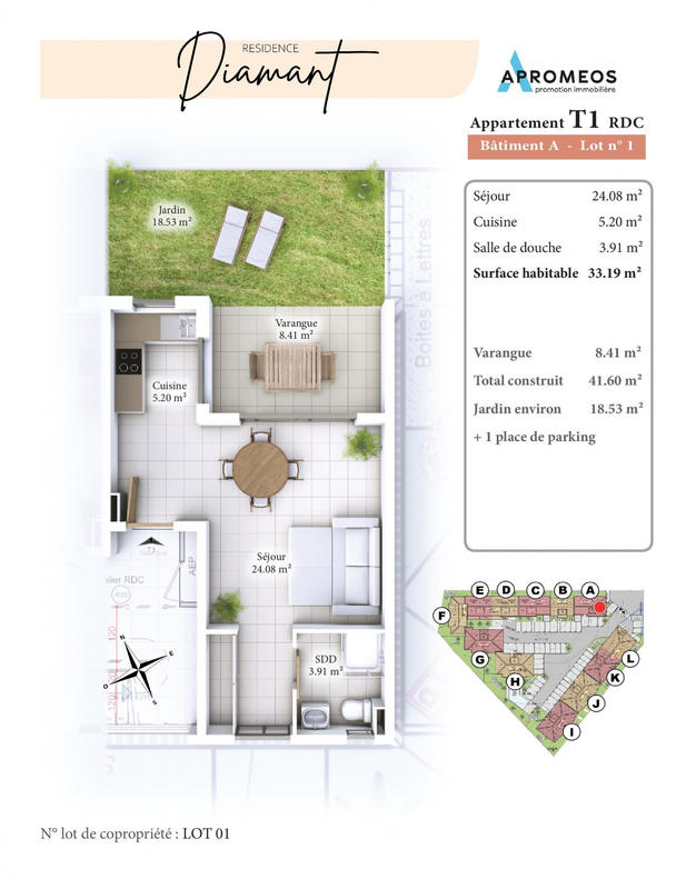 Appartement - 42 m² - 1 pièce