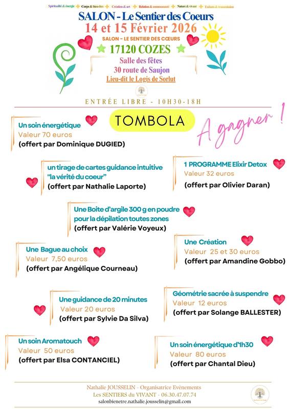 Salon Bien Être -Corps-Spiritualite-Createurs-Voyance-Commercants 14 et 15 Février - 17120 Cozes - le sentier des Coeurs