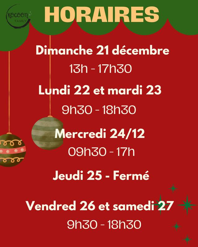 Horaires de Noël de la boutique Kocoon Family, du 21.12 au 27.12.2025