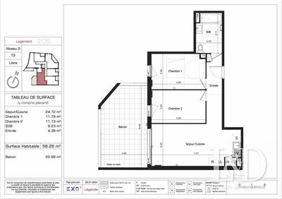 Appartement - 58 m² - 3 pièces
