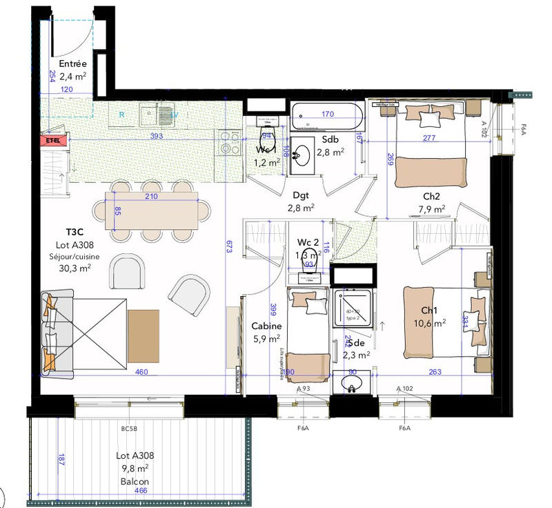 Appartement - 68 m² - 3 pièces