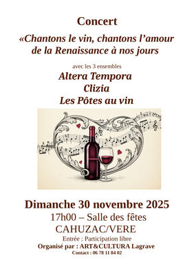 Concerts 3 ensembles &quot;Altera Tempora, Clizia et les Pôtes au vin&quot; : Chantons le vin, chantons l'amour de la Renaissance
