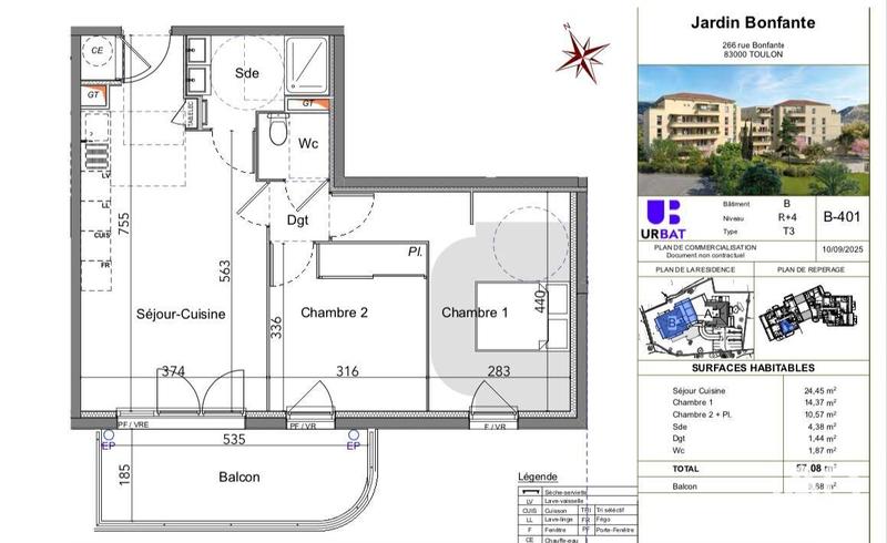 Appartement - 57 m² - 3 pièces