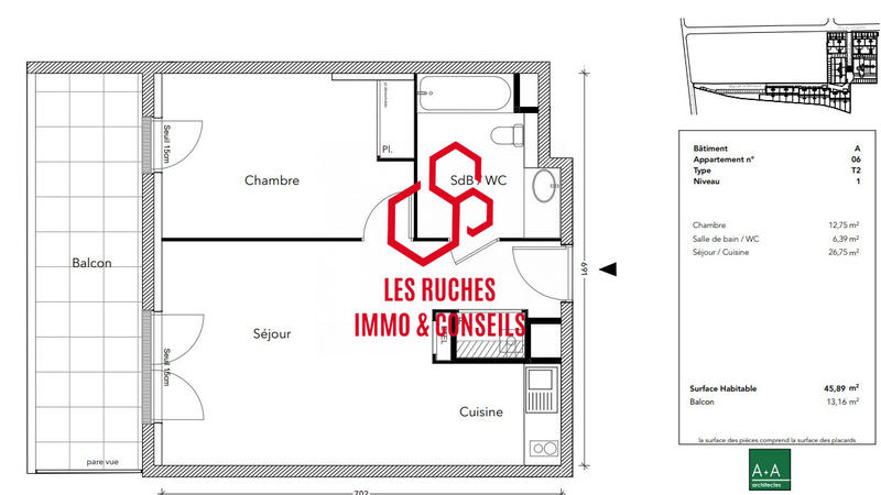 Appartement - 46 m² - 2 pièces