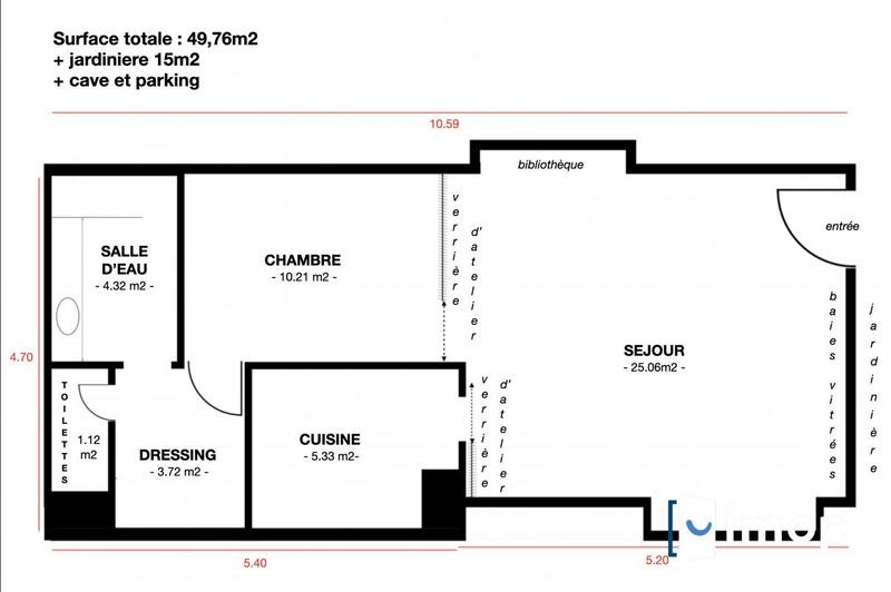 Studio - 50 m² - 2 pièces