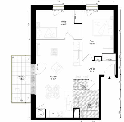 Appartement - 61 m² - 3 pièces