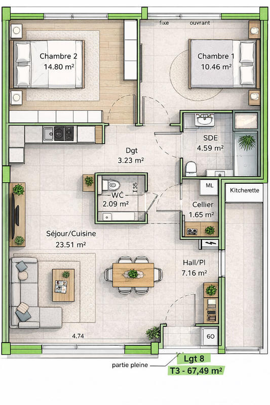Appartement - 66 m² - 3 pièces