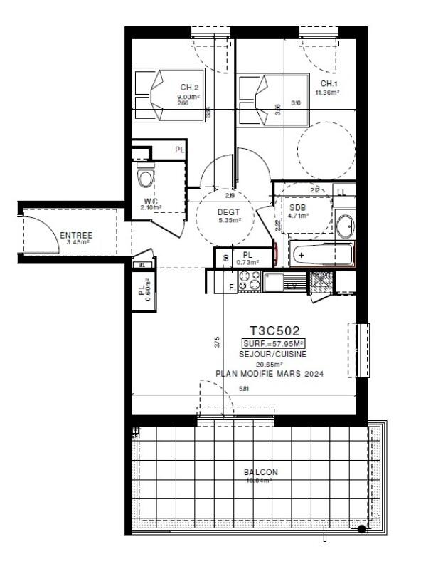 Appartement - 57 m² - 3 pièces