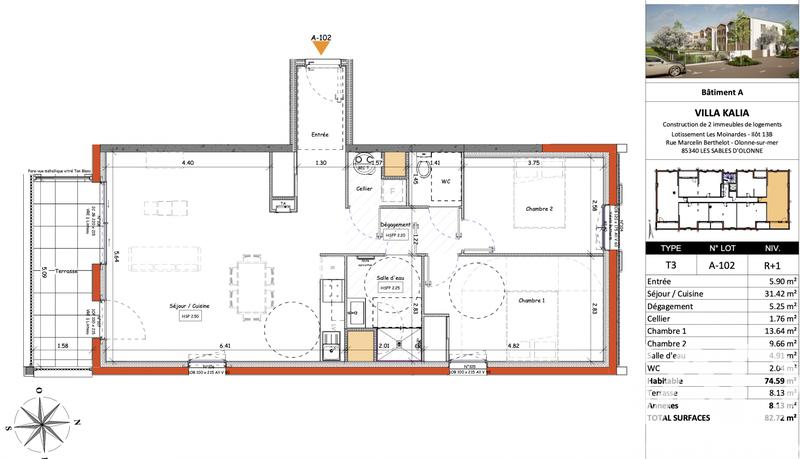 Appartement - 75 m² - 3 pièces