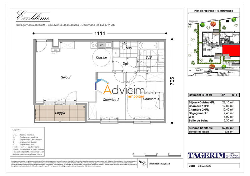 Appartement - 62 m² - 3 pièces