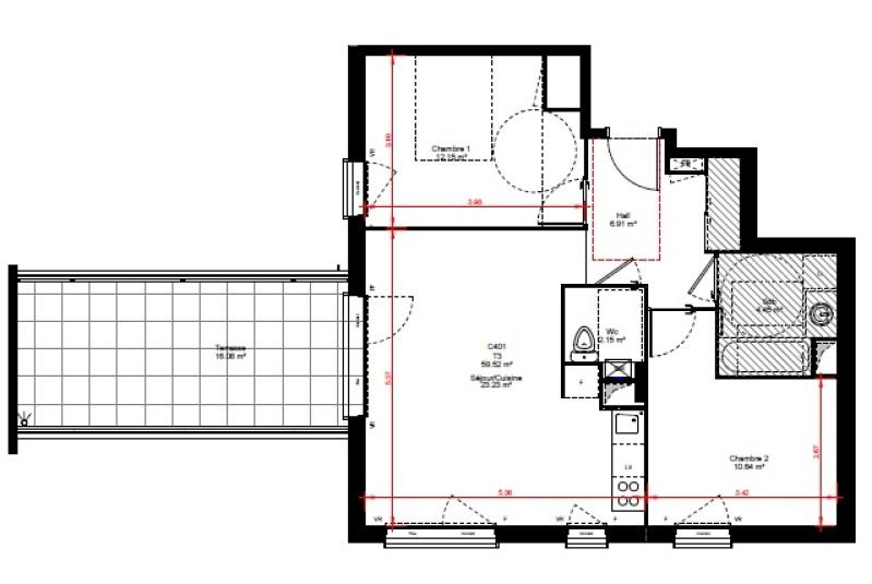 Appartement - 59 m² - 3 pièces