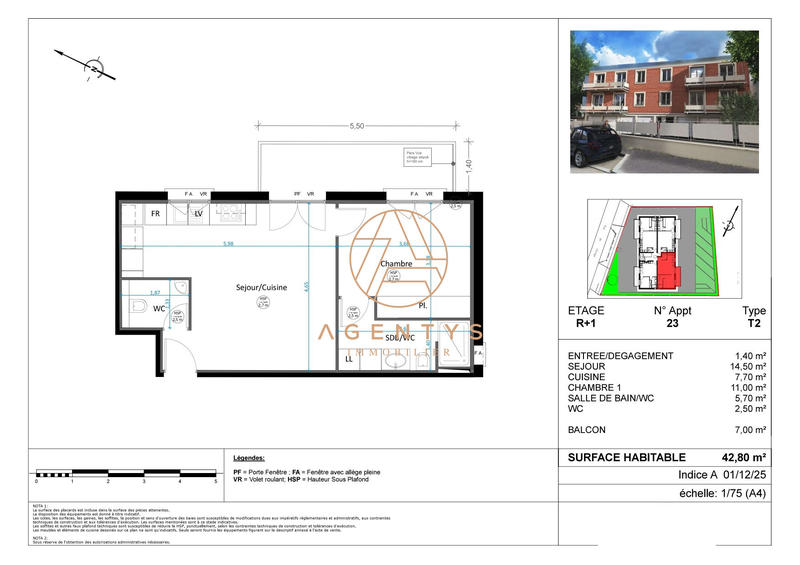Appartement - 43 m² - 2 pièces