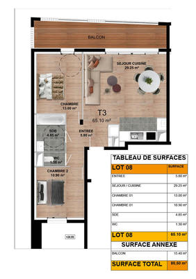 Appartement - 65 m² - 3 pièces