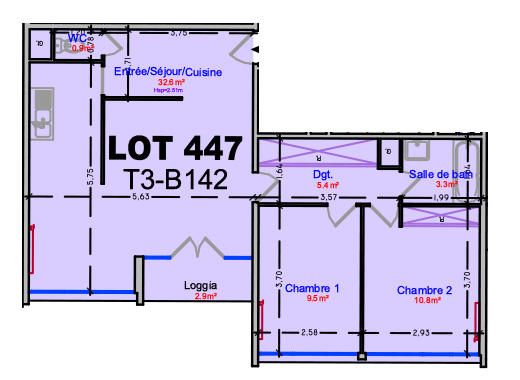 Appartement - 62 m² - 3 pièces