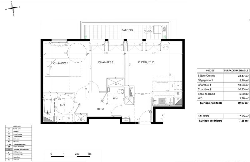 Appartement - 59 m² - 3 pièces