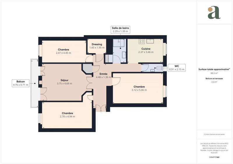 Appartement ancien - 88 m² - 4 pièces