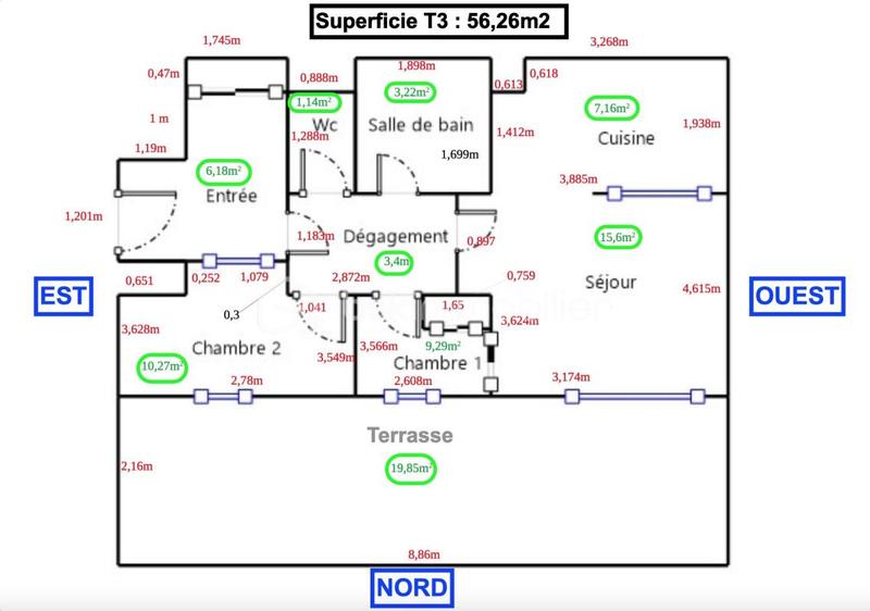 Appartement - 57 m² - 3 pièces