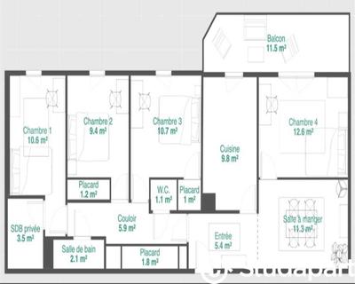 Chambre - 90 m² - 1 pièce