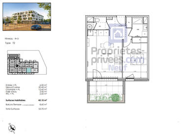 Appartement - 45 m² - 2 pièces
