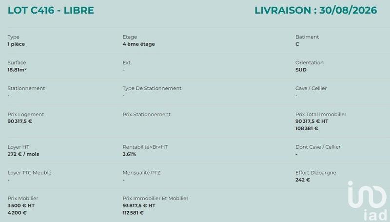 Appartement - 18 m² - 1 pièce